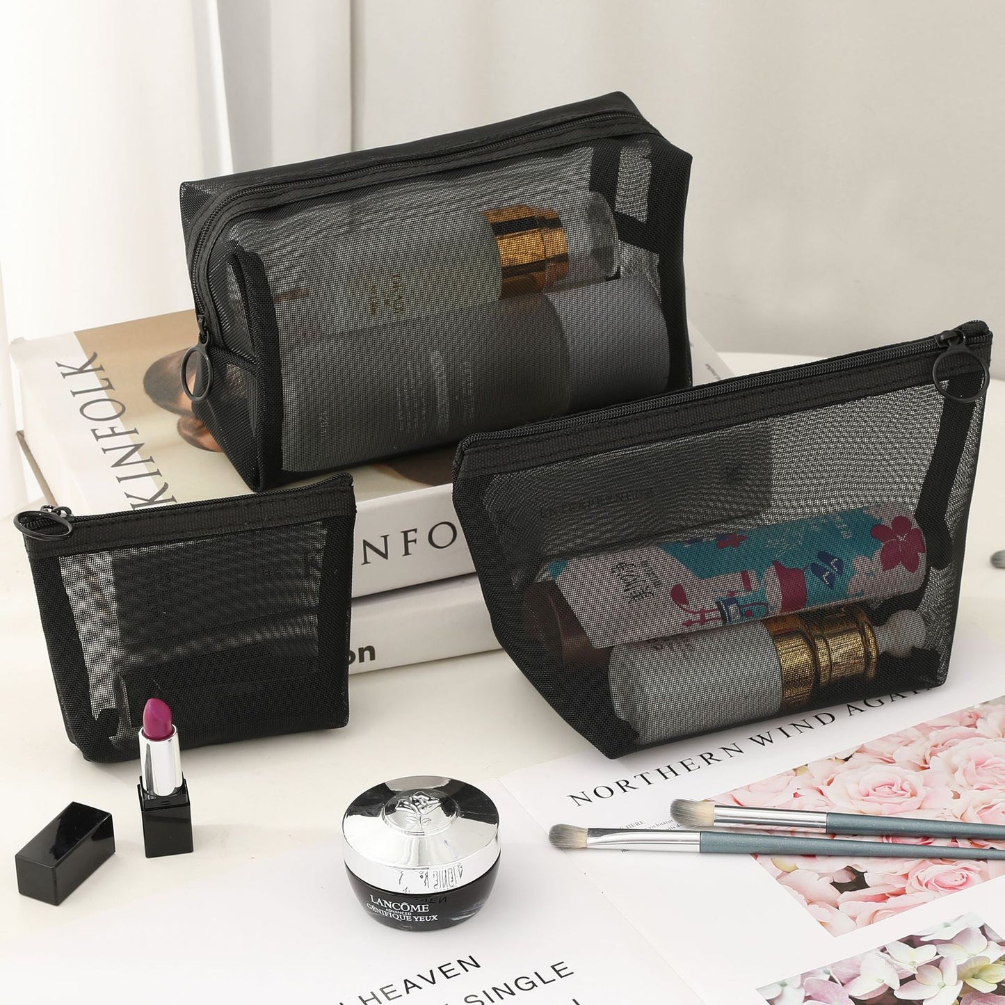 Large Transparent Black Fabric Wash Hollow Cosmetic Bags