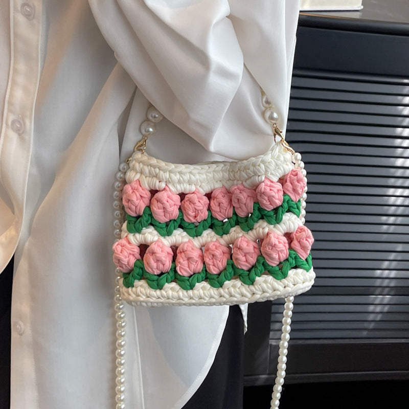 Fairy Style Tulip Hand-woven Strip Thread Material Pearl Crossbody Bags