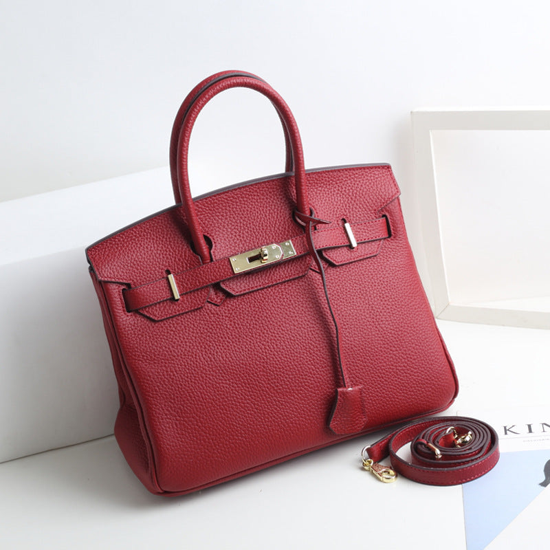 Large Capacity Lychee Pattern Kelly Genuine Cattlehide Leather Handbags