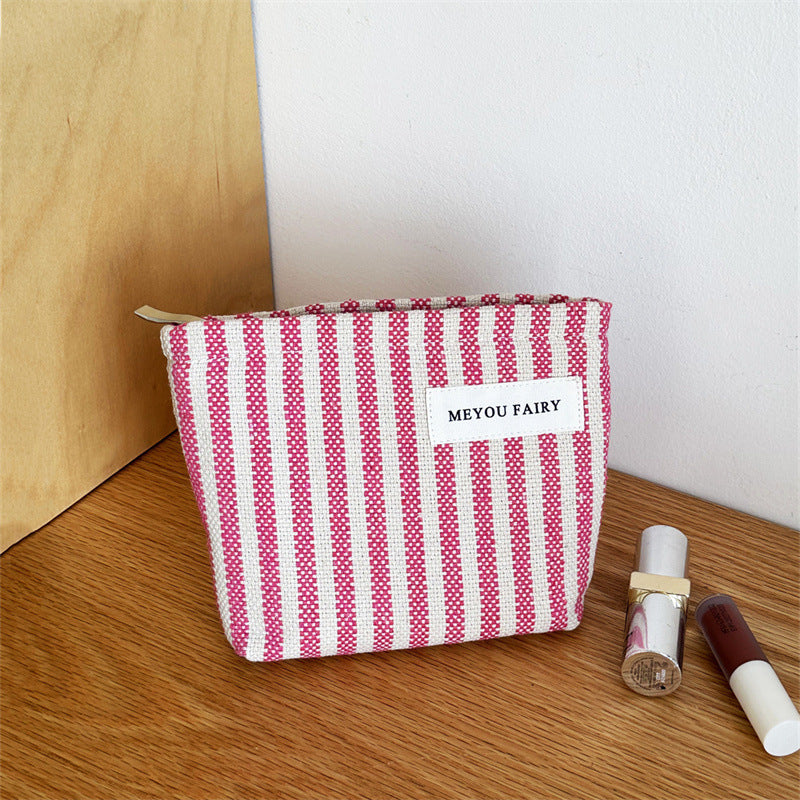 Women's Contrast Color Vertical Stripes Pink Large Capacity Wash Makeup Bag