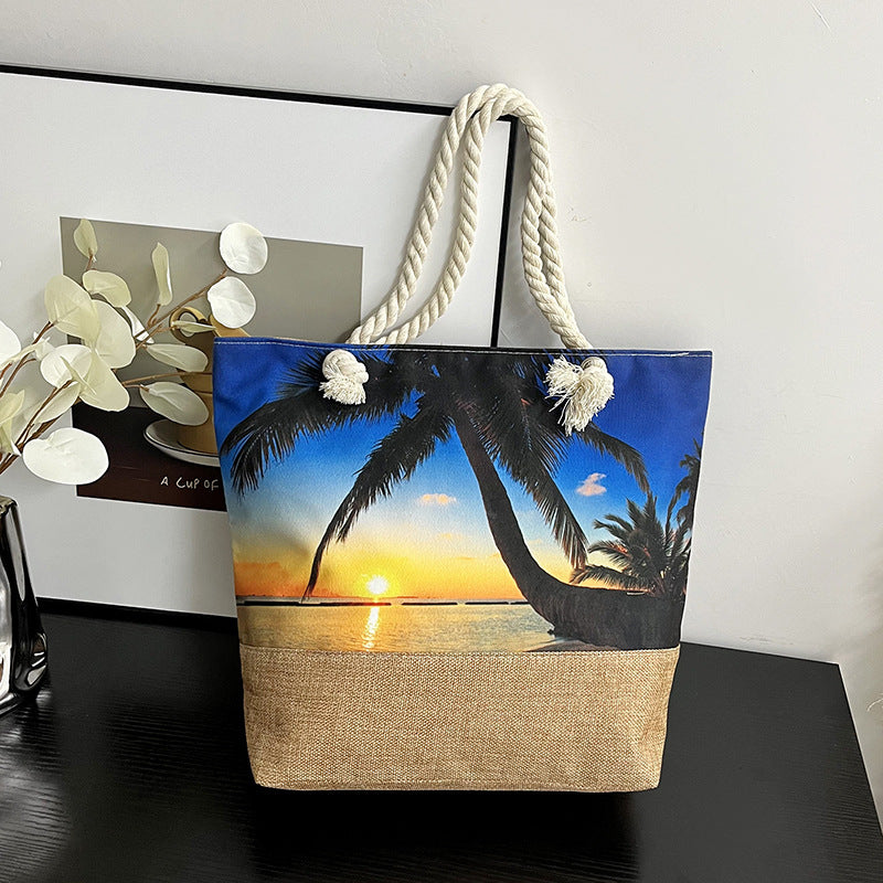 Women's Large Capacity Linen Printed Double-sided Cotton Shoulder Bags