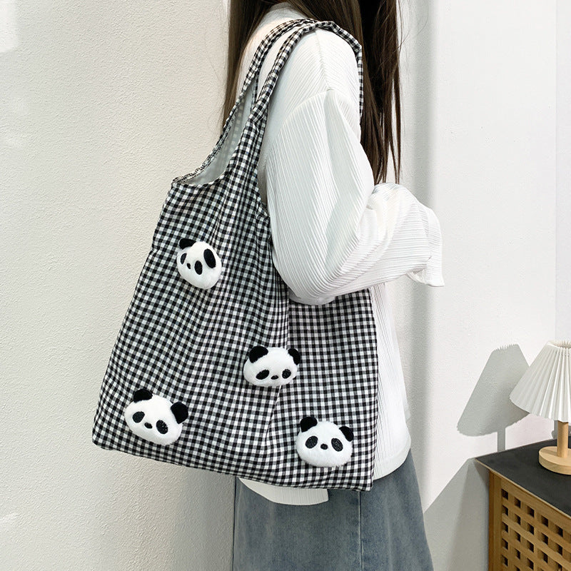 Large Capacity Simple Panda Doll Plaid Vest Shoulder Bags