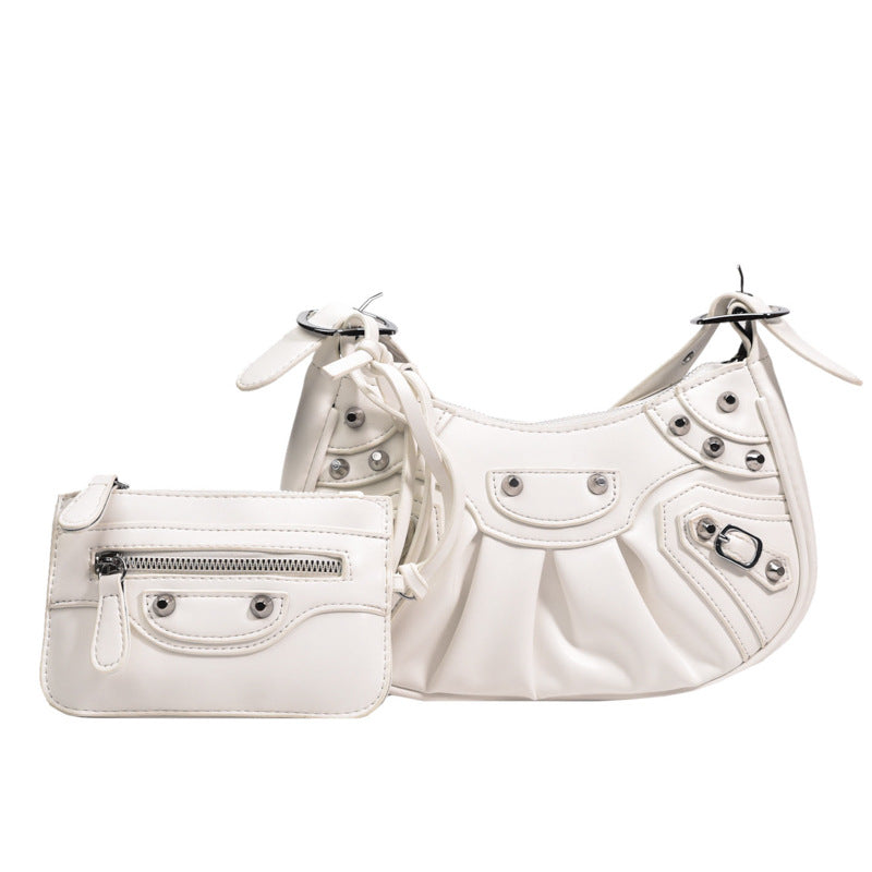 Women's Pleated Crescent Son Mother Retro Rivet Shoulder Bags