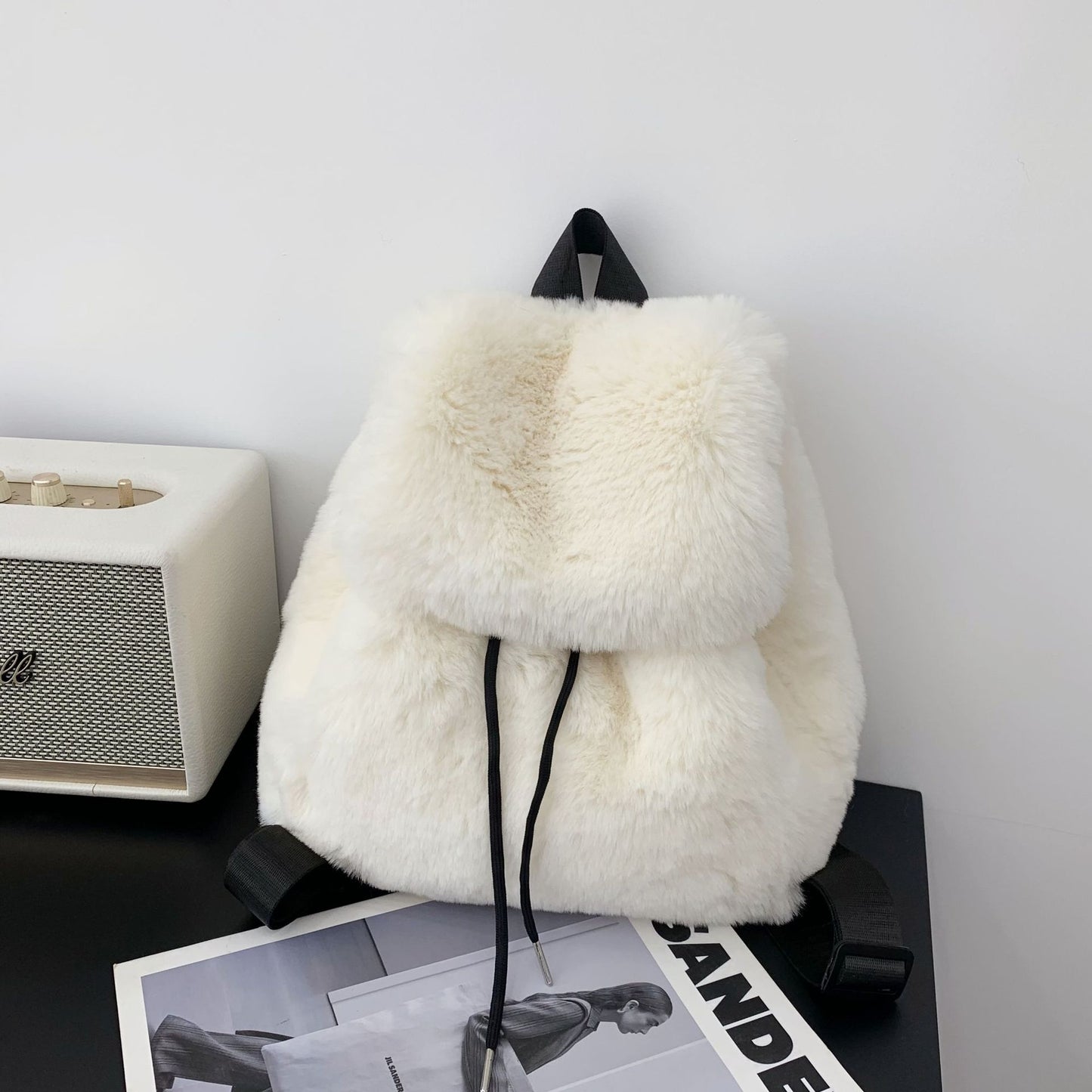 Plush Faux Rabbit Fur Large Capacity Drawstring Leopard Print Handbags