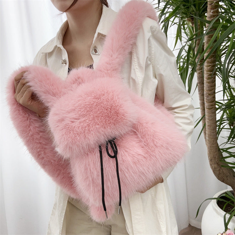 Plush Faux Rabbit Fur Large Capacity Drawstring Leopard Print Handbags