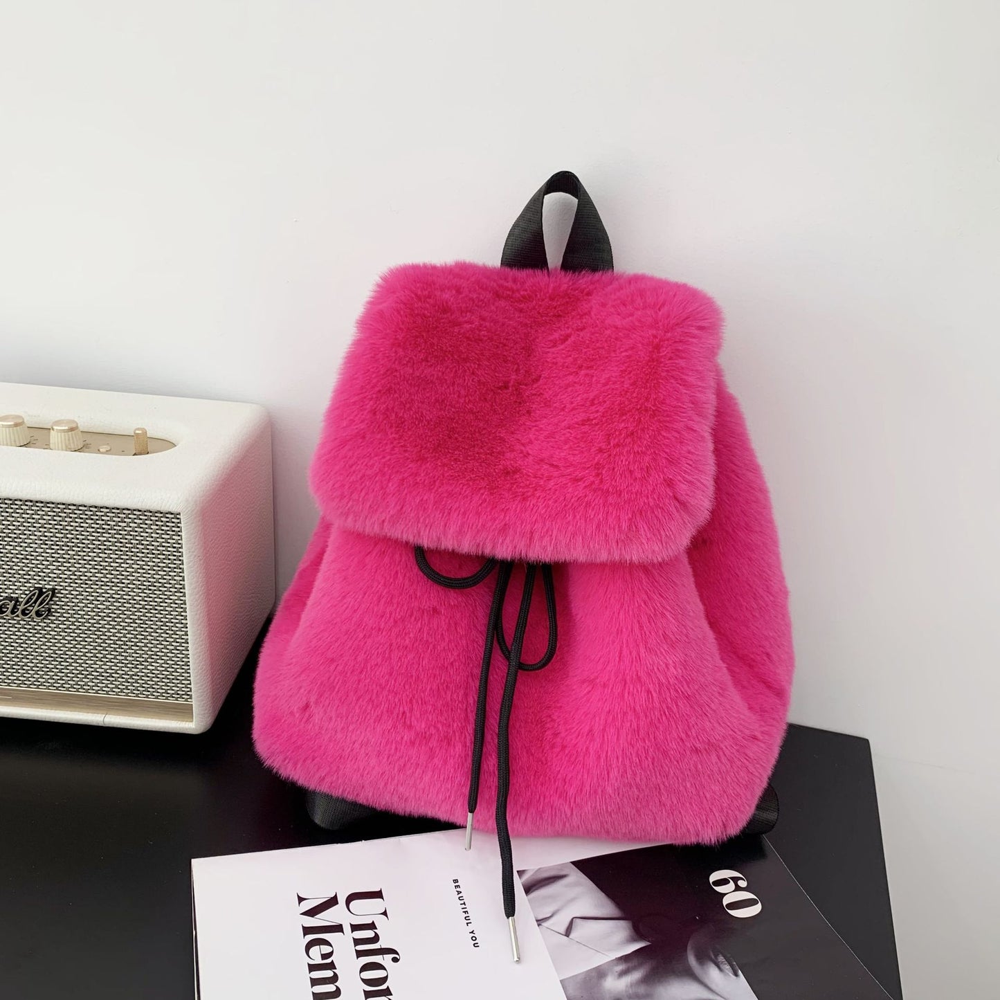 Plush Faux Rabbit Fur Large Capacity Drawstring Leopard Print Handbags
