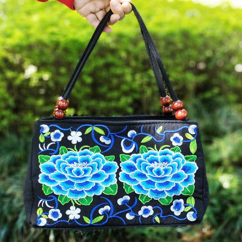 Style Double Sided Embroidery Wooden Bead Layer Zipper Portable Handbags