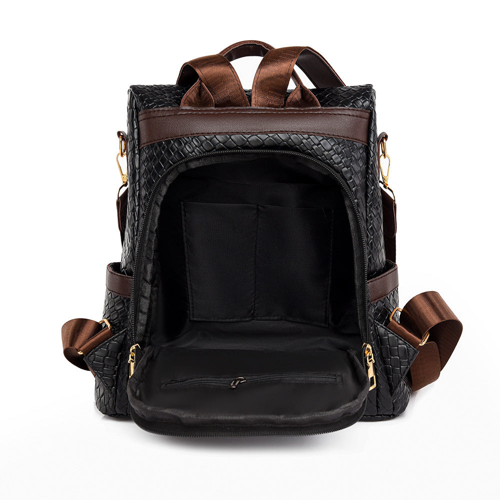 Women's Soft Leather Fashion Color Contrast Woven Backpacks