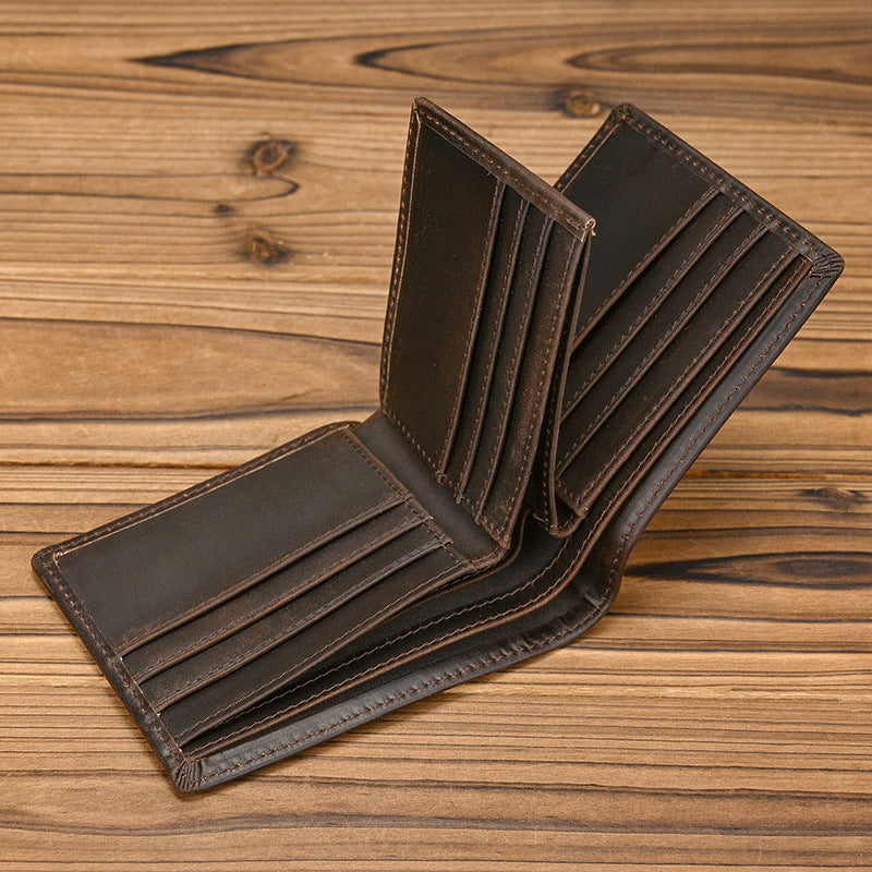Men's Short Genuine Leather Crazy Horse Multiple Slots Trifold First Layer Men's Wallet