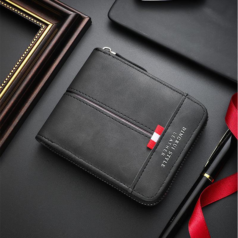 Men's Short Horizontal Zipper Vintage Cubic Men's Wallet