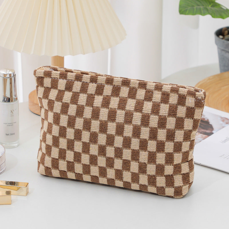 Wool Chessboard Grid Large Capacity Pencil Knitted Cosmetic Bags