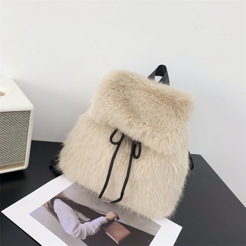 Plush Faux Rabbit Fur Large Capacity Drawstring Leopard Print Handbags
