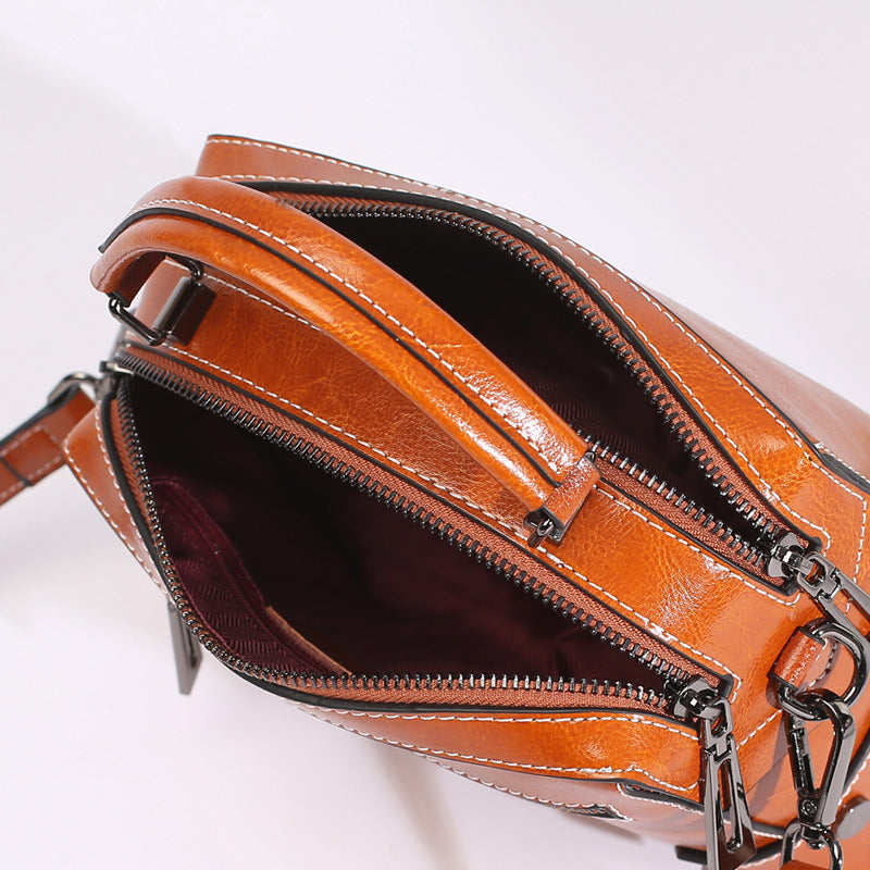 Women's Oil Wax Pure Genuine Leather Fan Shoulder Bags