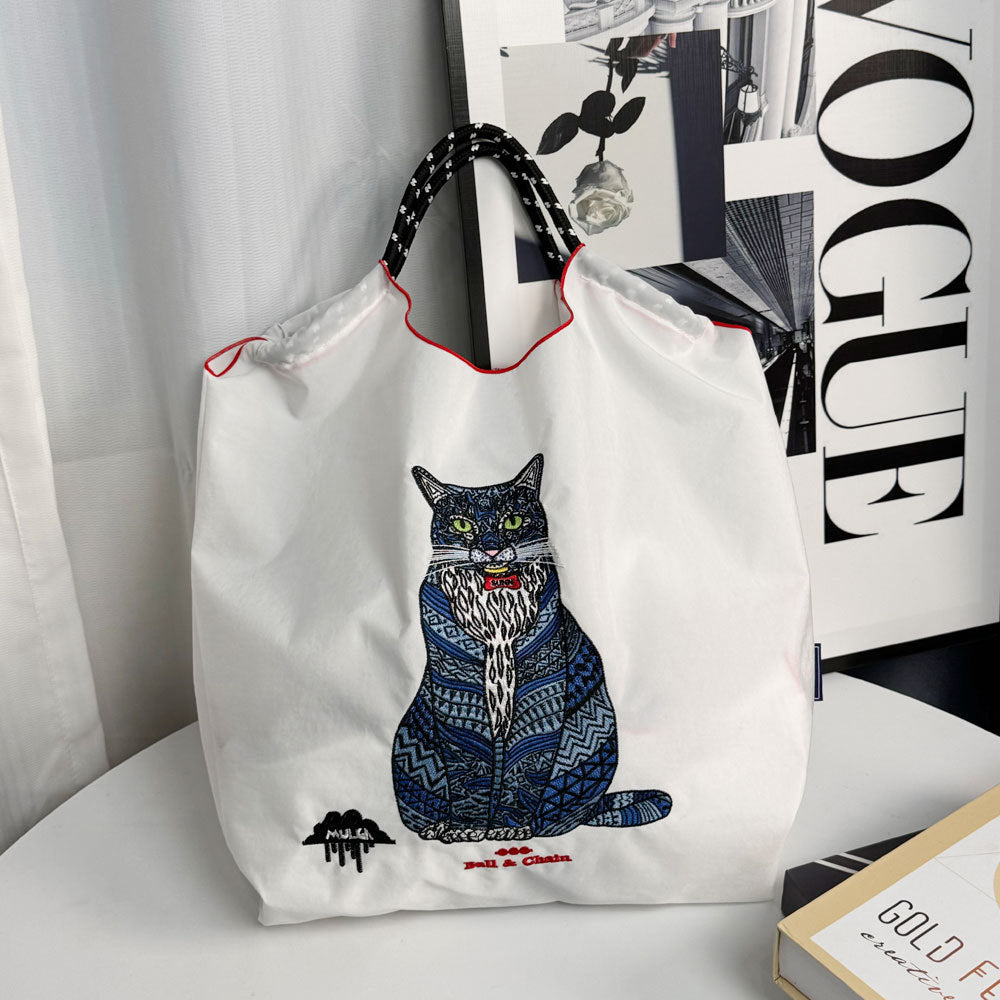 Cat Embroidered Shopping Large Capacity Nylon Bags