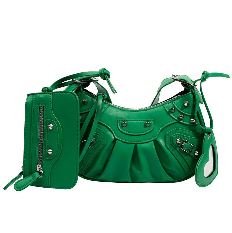Women's Pleated Crescent Son Mother Retro Rivet Shoulder Bags