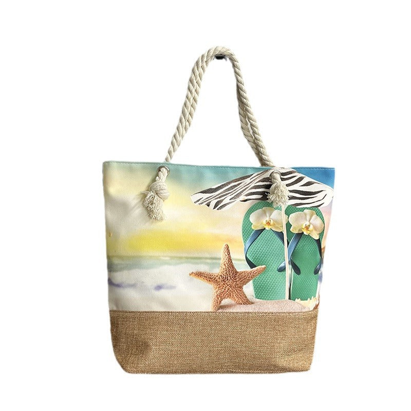 Women's Large Capacity Linen Printed Double-sided Cotton Shoulder Bags