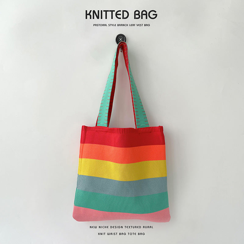 Women's Rainbow Knitted Versatile Large Capacity Commuter Shoulder Bags