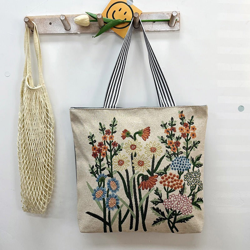 Women's Large Capacity Totes Gold Silk Embroidered Canvas Creative Women's Shoulder Bag