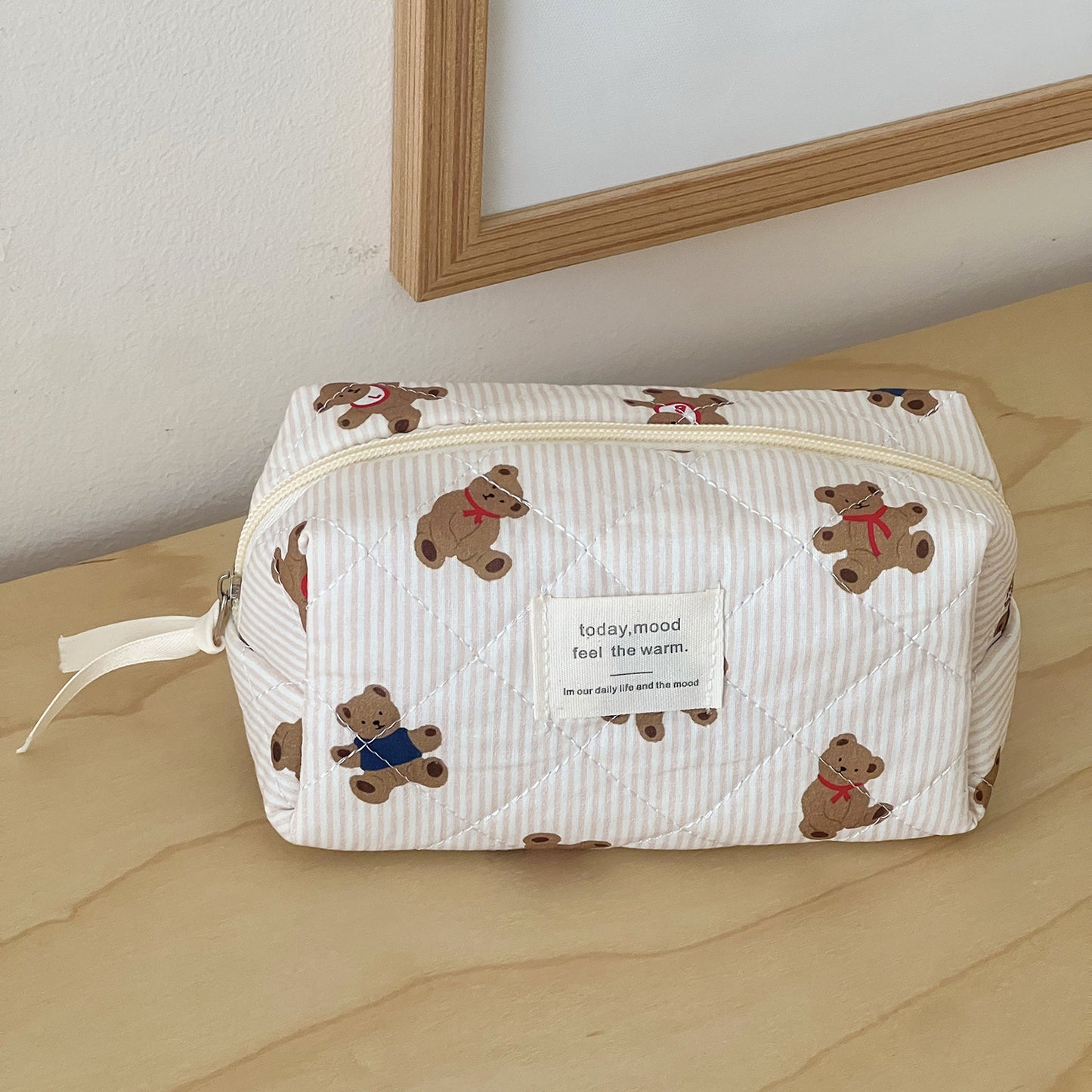 Blue Striped Bear Cartoon Girlish Portable Large Capacity Cosmetic Bags