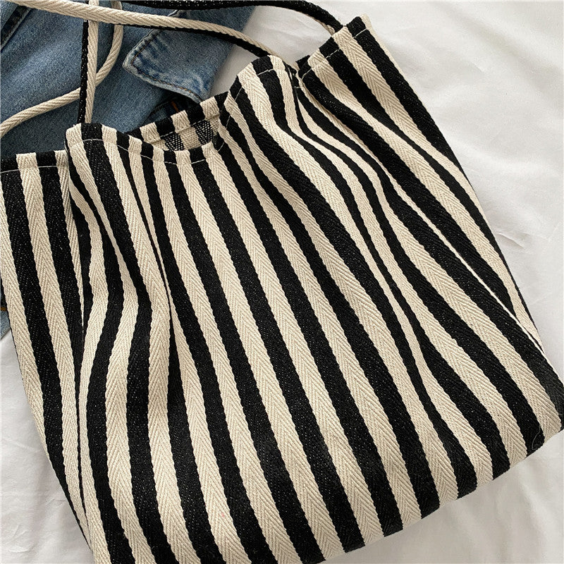 Style Retro Literary Simple Fresh Striped Fashion Large Shoulder Bags
