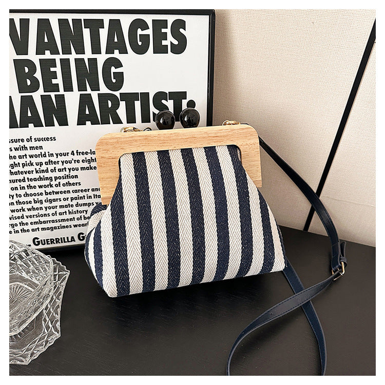 Women's Striped Canvas Wooden Clutch Fashionable Exquisite Crossbody Bags