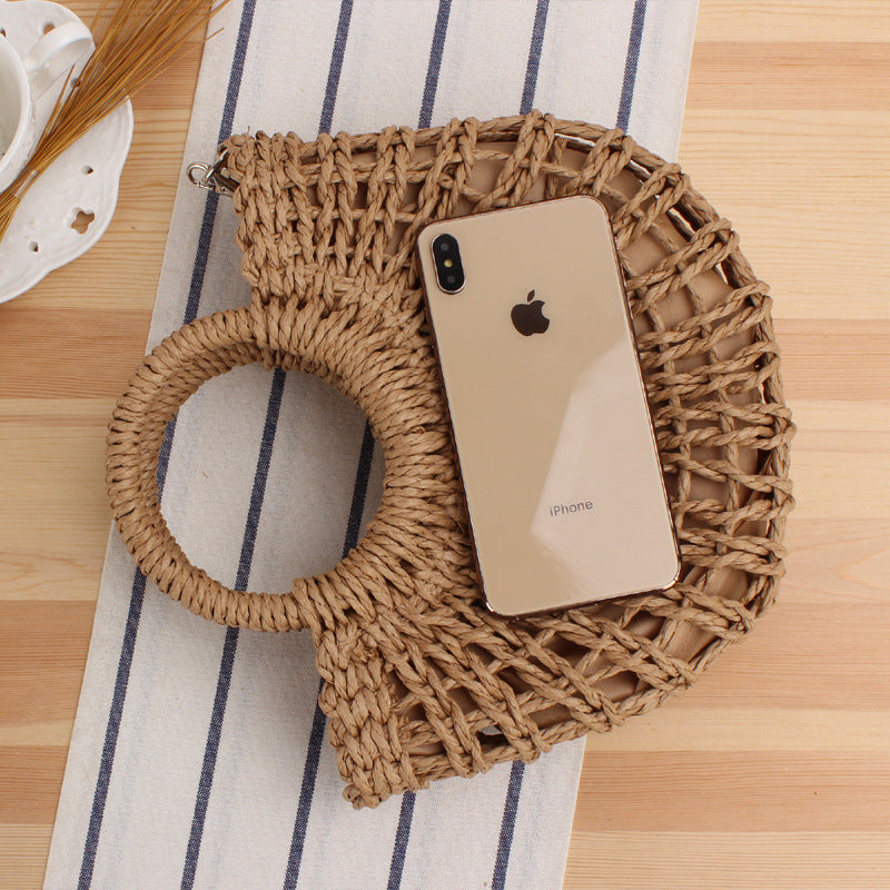 Women's Simple Style Popular Semicircle Hollow Straw Beach Hand-woven Crossbody Bags