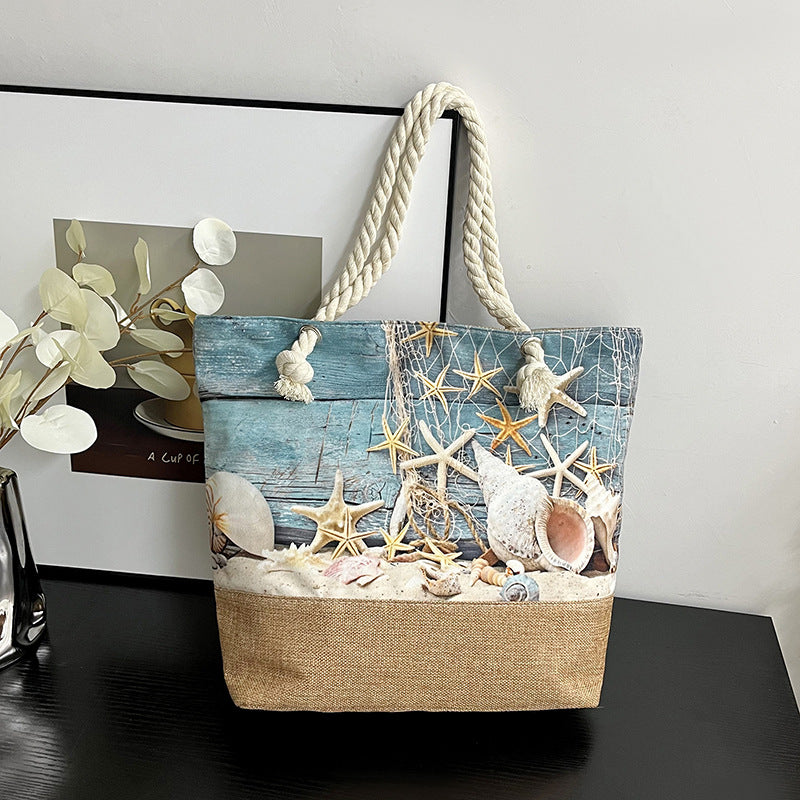 Women's Large Capacity Linen Printed Double-sided Cotton Shoulder Bags