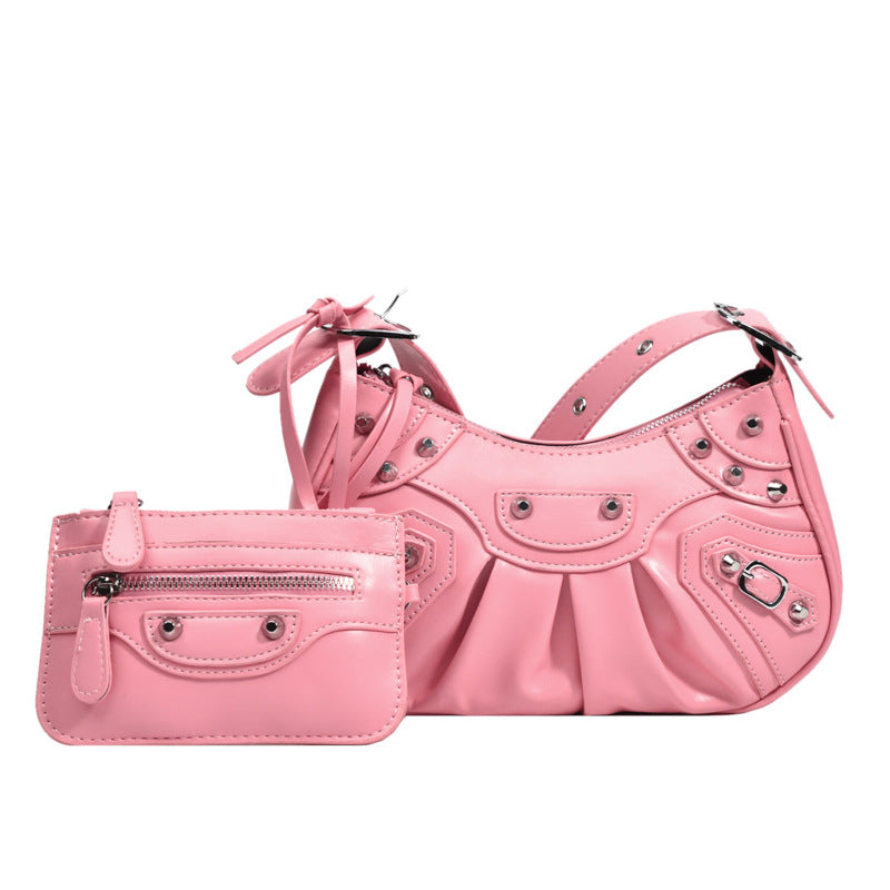 Women's Pleated Crescent Son Mother Retro Rivet Shoulder Bags