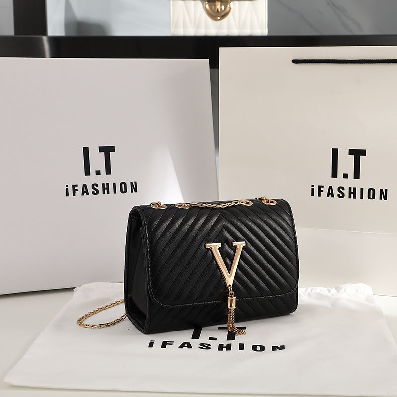 Women's Trendy Fashion Striped Embroidered V-shaped Tassel Crossbody Bags