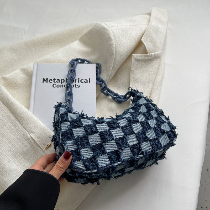 Women's Fashion Simple Denim Canvas Chessboard Plaid Shoulder Bags