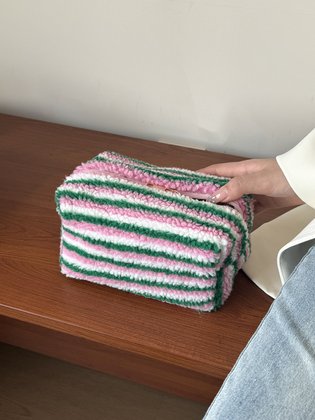 Plush Contrast Color Stripe Large Capacity Pillow Fresh Portable Storage Cosmetic Bags