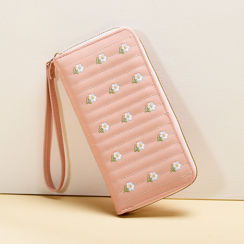 Women's Style Long Single Zipper Embroidered Fresh Sweet Ladies Wallets