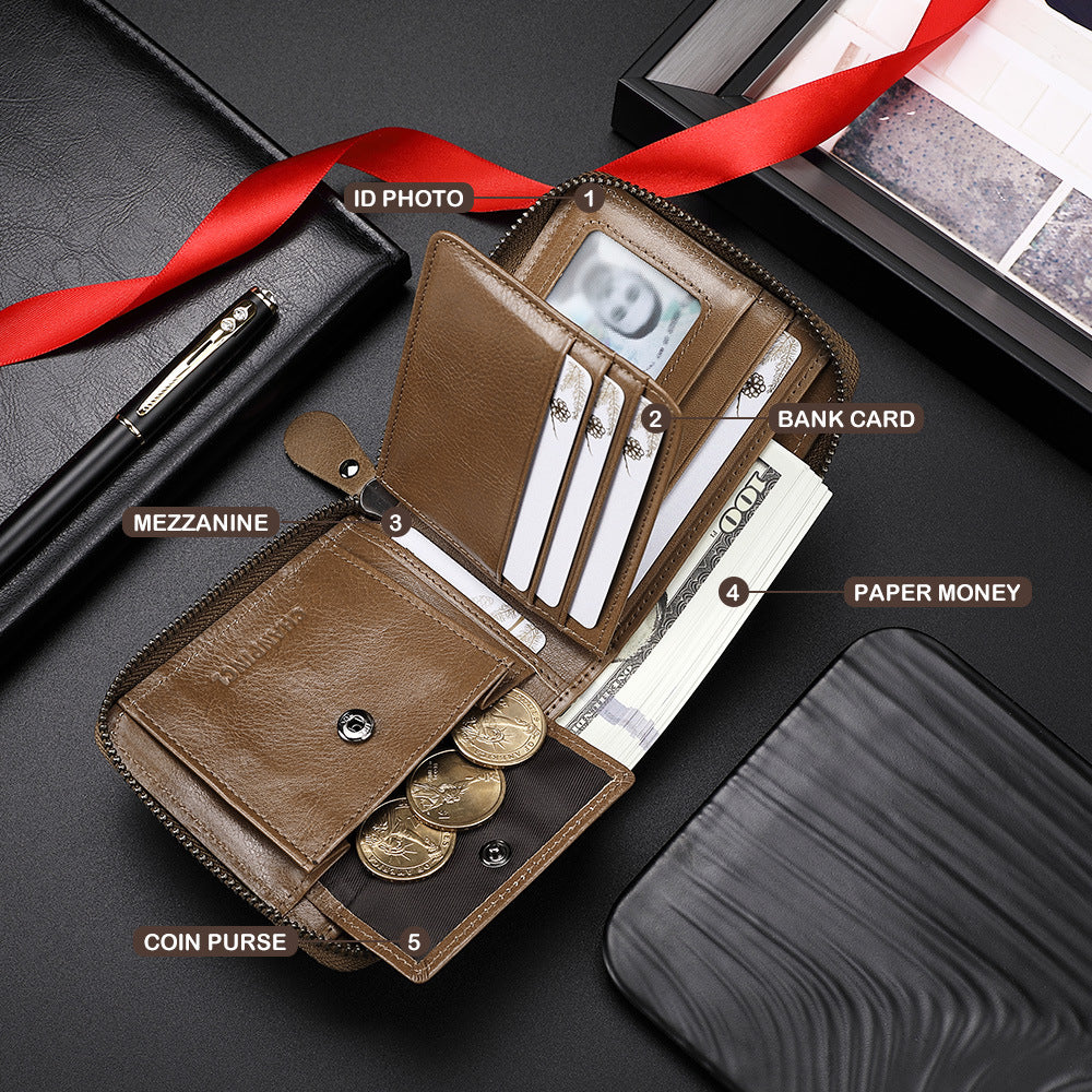 Men's Boxed First Layer Cowhide Pocket Zipper Men's Wallets