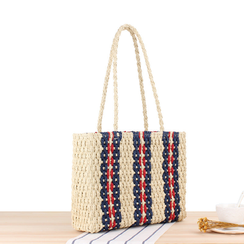 Women's Vertical Striped Straw Fashion Summer Vacation Shoulder Bags