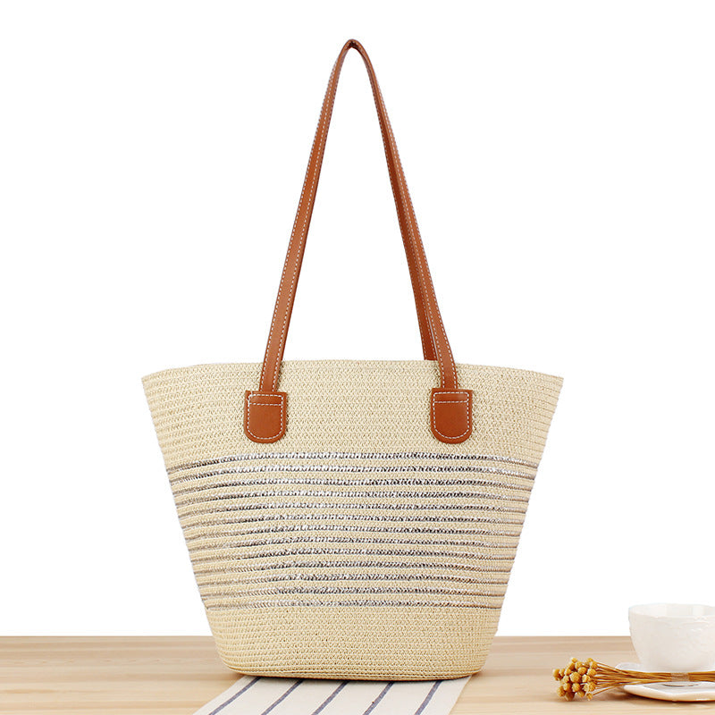 Striped Large Capacity Totes Advanced Texture Hand-woven Shoulder Bags