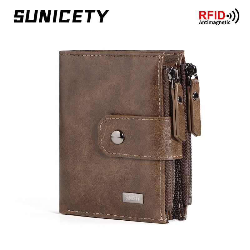 Men's Zipper Swiping Business Leather Thin Short Men's Wallets