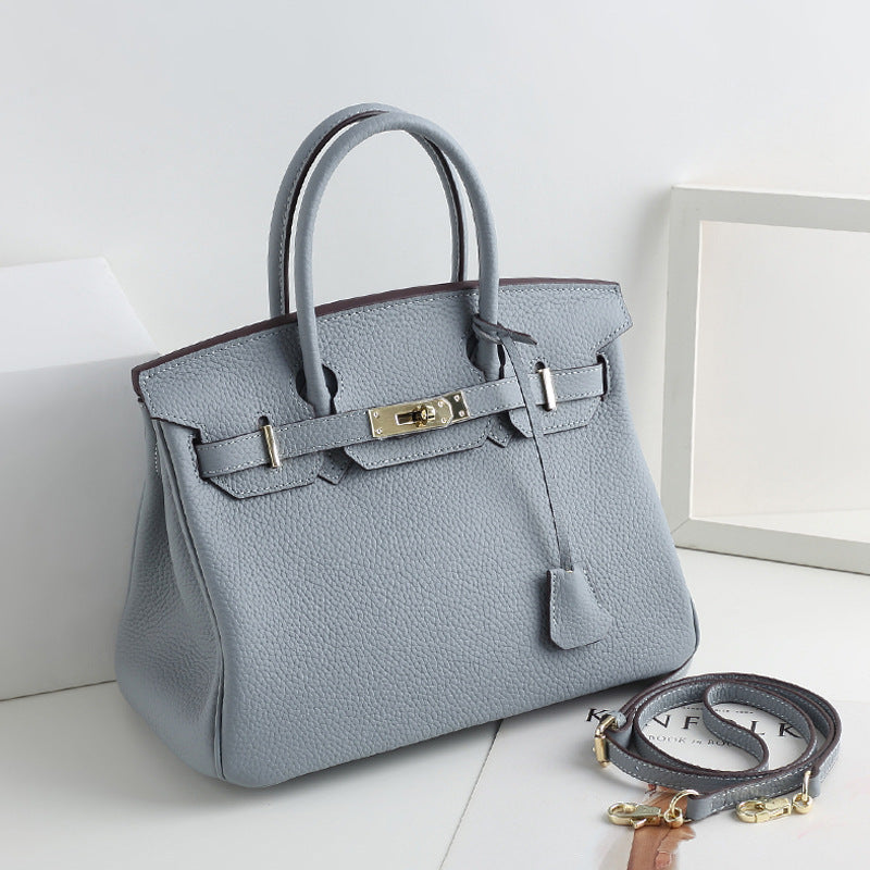 Large Capacity Lychee Pattern Kelly Genuine Cattlehide Leather Handbags