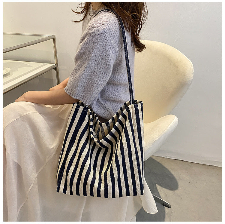 Style Retro Literary Simple Fresh Striped Fashion Large Shoulder Bags