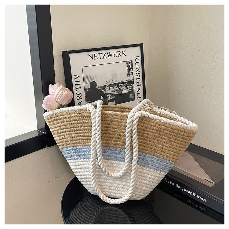 Summer Contrast Color Vacation Beach Mori Leisure Striped Large Capacity Women's Shoulder Bag