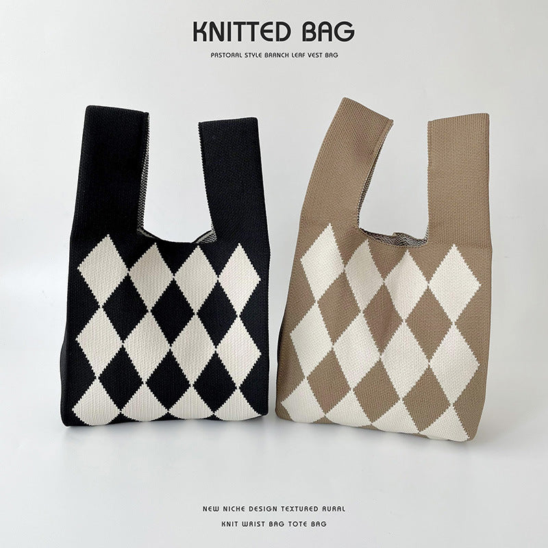Vest Knitted Black White Rhombus Single Shoulder Bags