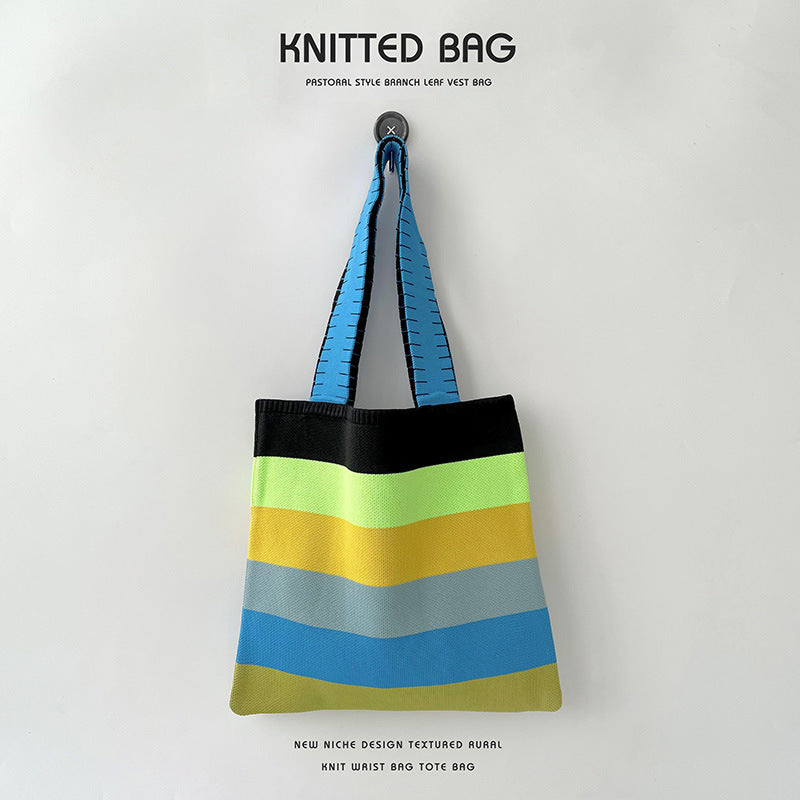 Women's Rainbow Knitted Versatile Large Capacity Commuter Shoulder Bags