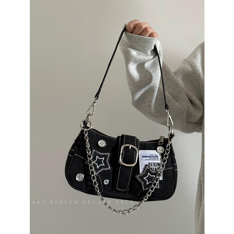 Women's Denim Underarm Vintage Button Portable Chain Shoulder Bags
