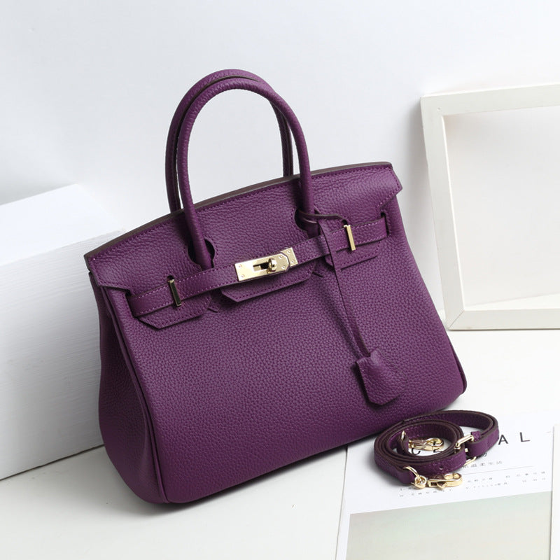 Large Capacity Lychee Pattern Kelly Genuine Cattlehide Leather Handbags
