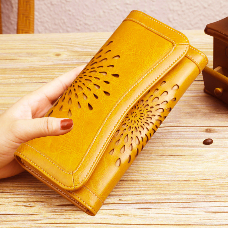 Women's Long Genuine Leather Vintage Oil Wax Cattlehide Fashion Ladies Wallet
