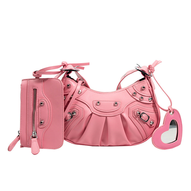 Women's Pleated Crescent Son Mother Retro Rivet Shoulder Bags