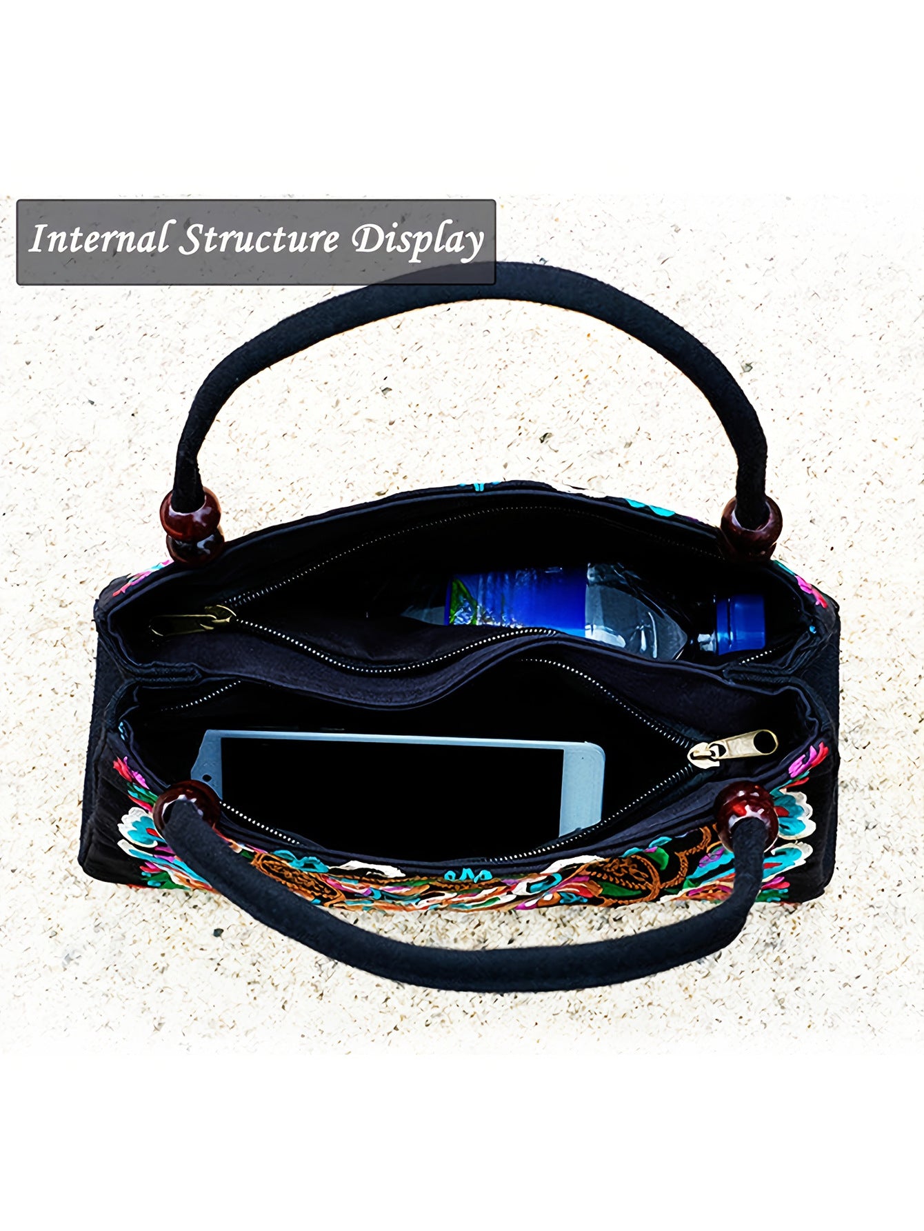 Style Double Sided Embroidery Wooden Bead Layer Zipper Portable Handbags