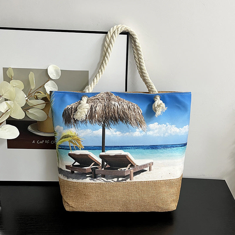Women's Large Capacity Linen Printed Double-sided Cotton Shoulder Bags