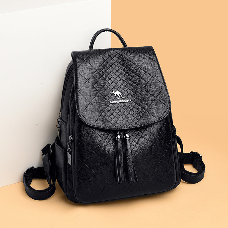 Women's Female Soft Leather Tassel Pendant Rhombus Backpacks