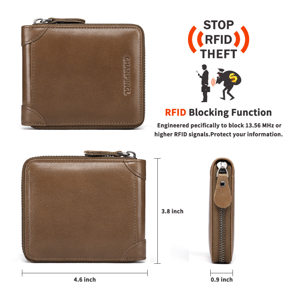 Men's Boxed First Layer Cowhide Pocket Zipper Men's Wallets