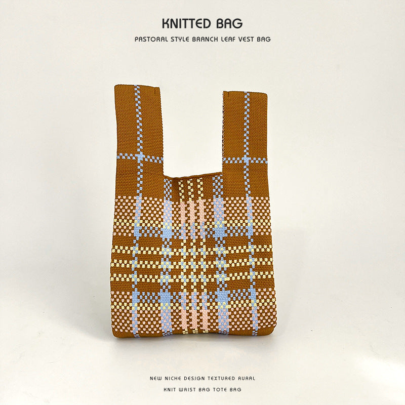 Design Color Plaid Knitted Versatile Large Handbags